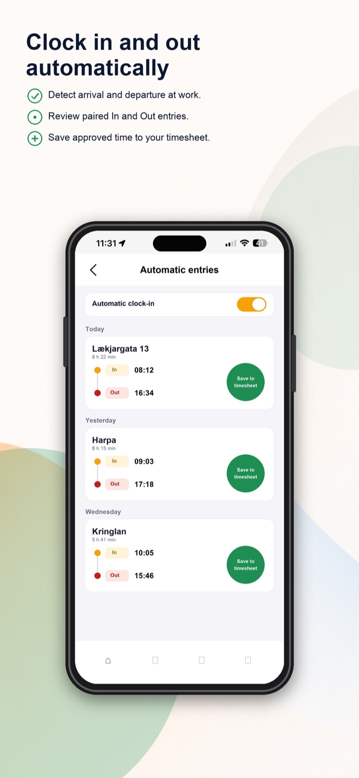 Curio Solo App Store screenshot: automatic clock in and out