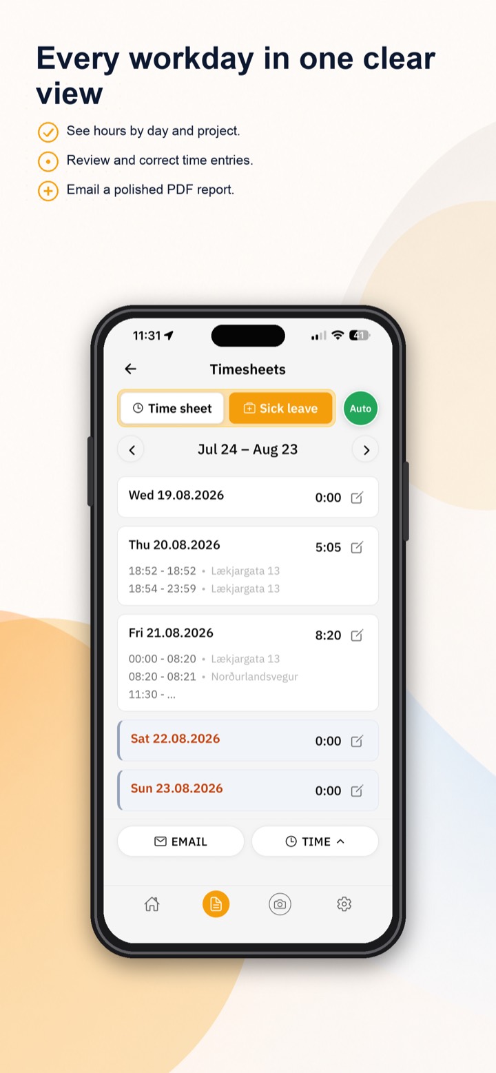 Curio Solo App Store screenshot: timesheets at a glance