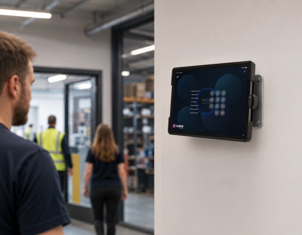 Wall-mounted Curio Station tablet with a PIN pad at a workplace entrance