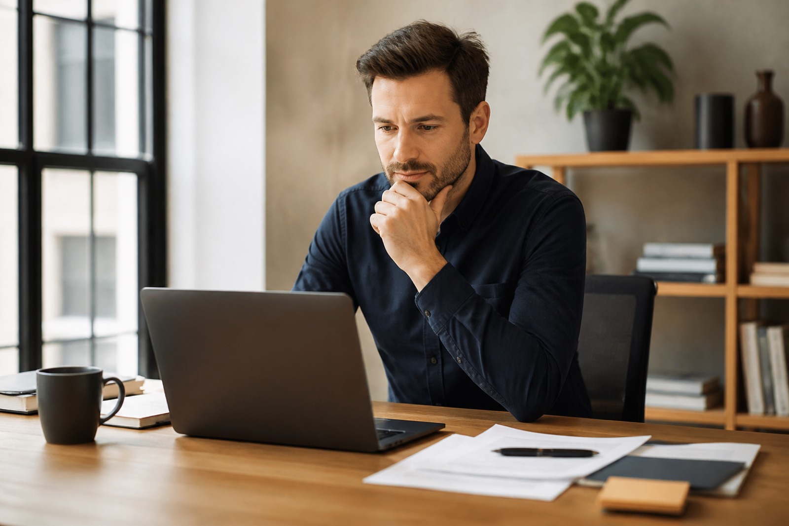 Manager at a desk reviewing work on a laptop