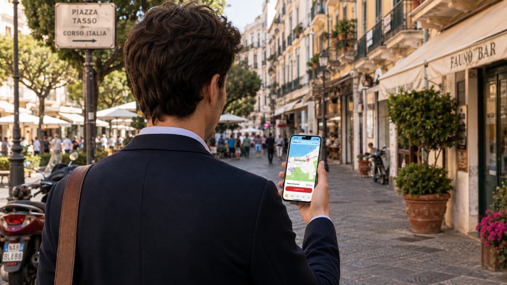 Generated scene: Curio Go working time on a phone in a street — product sample, not a named customer