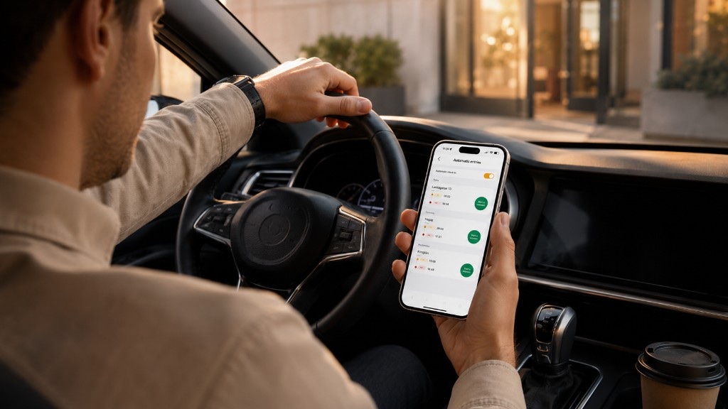 Generated scene: Curio Solo automatic entries on a phone in a car — product sample, not a named customer