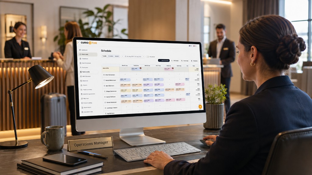 Curio Time Web schedule on a hotel desk: a weekly shift grid for the team