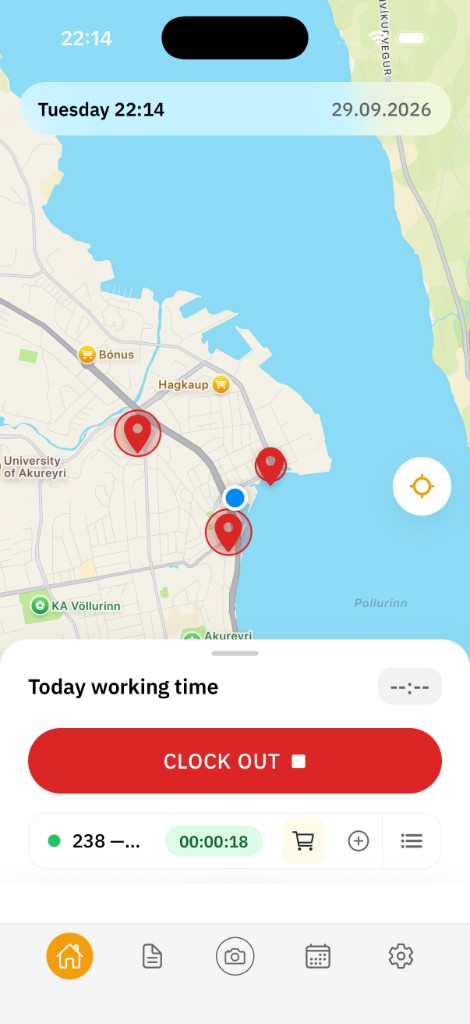 Curio Go home screen with a map and an open time entry
