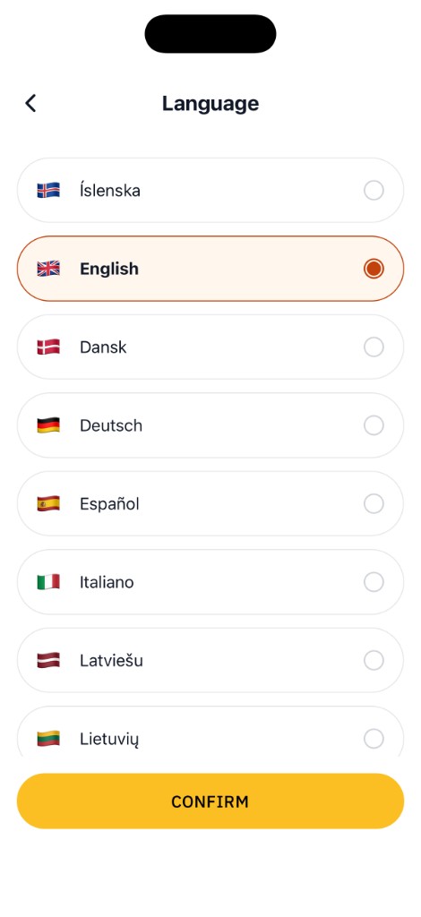 Curio Go language settings with a list of available languages