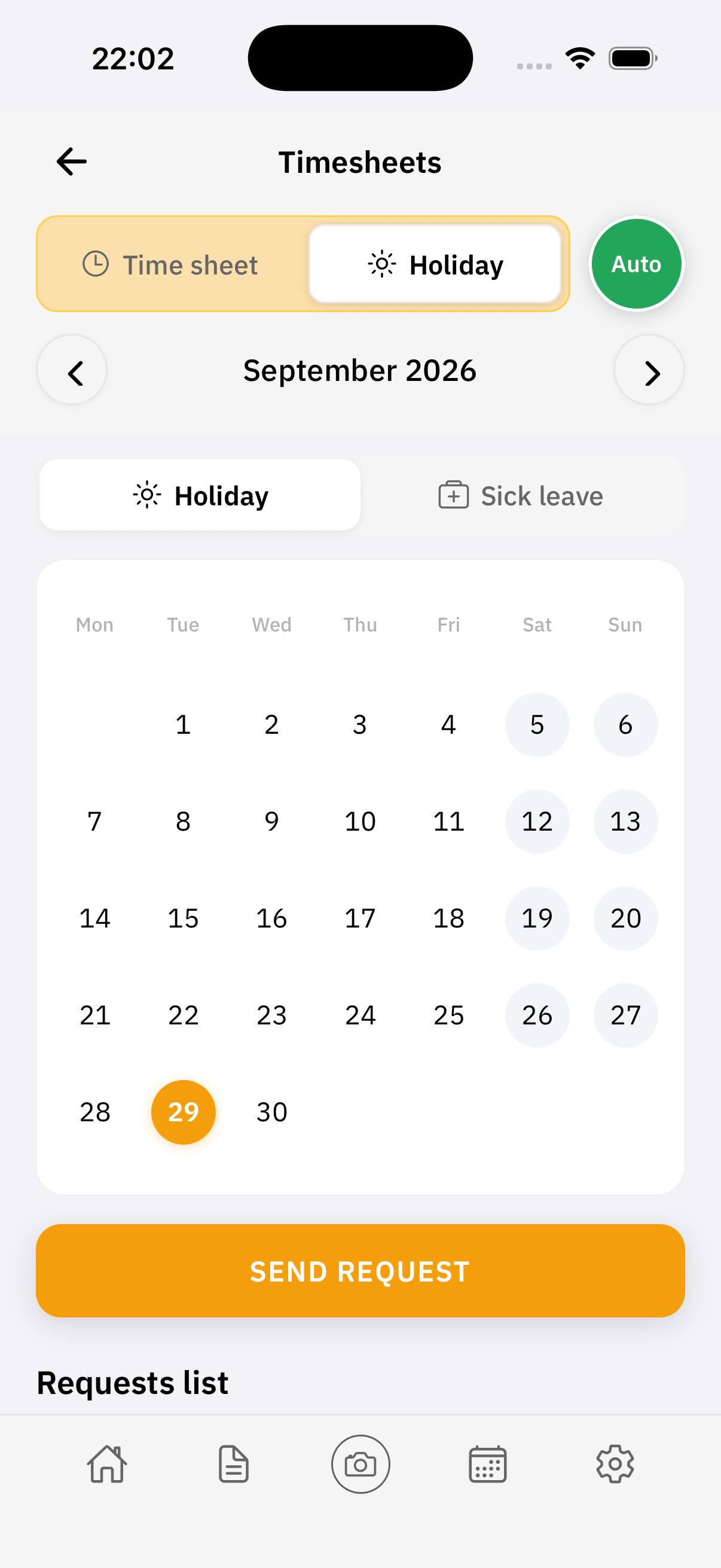 Curio Go calendar for submitting a leave request