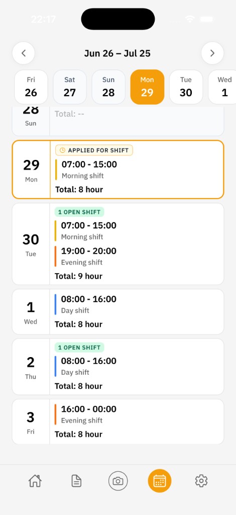 Curio Go shift overview with assigned shifts and open slots