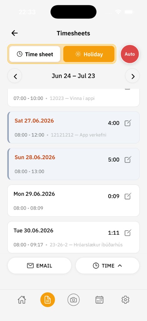 Curio Go timesheet overview with recorded working hours